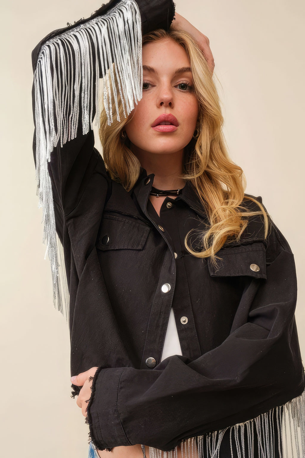 Howdy sequin fringe jacket, black, star patches, snap front