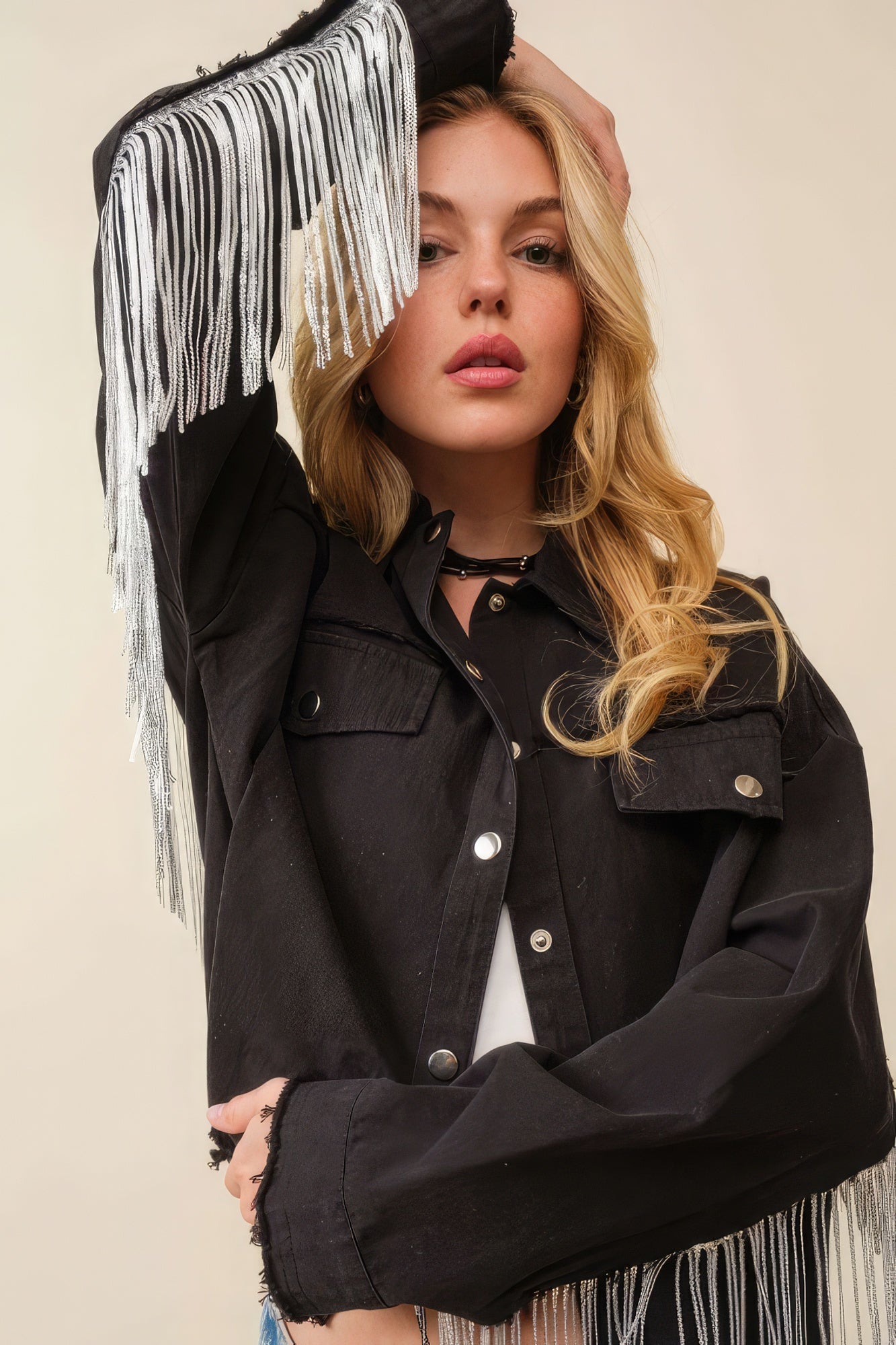 Howdy sequin fringe jacket, black, star patches, snap front
