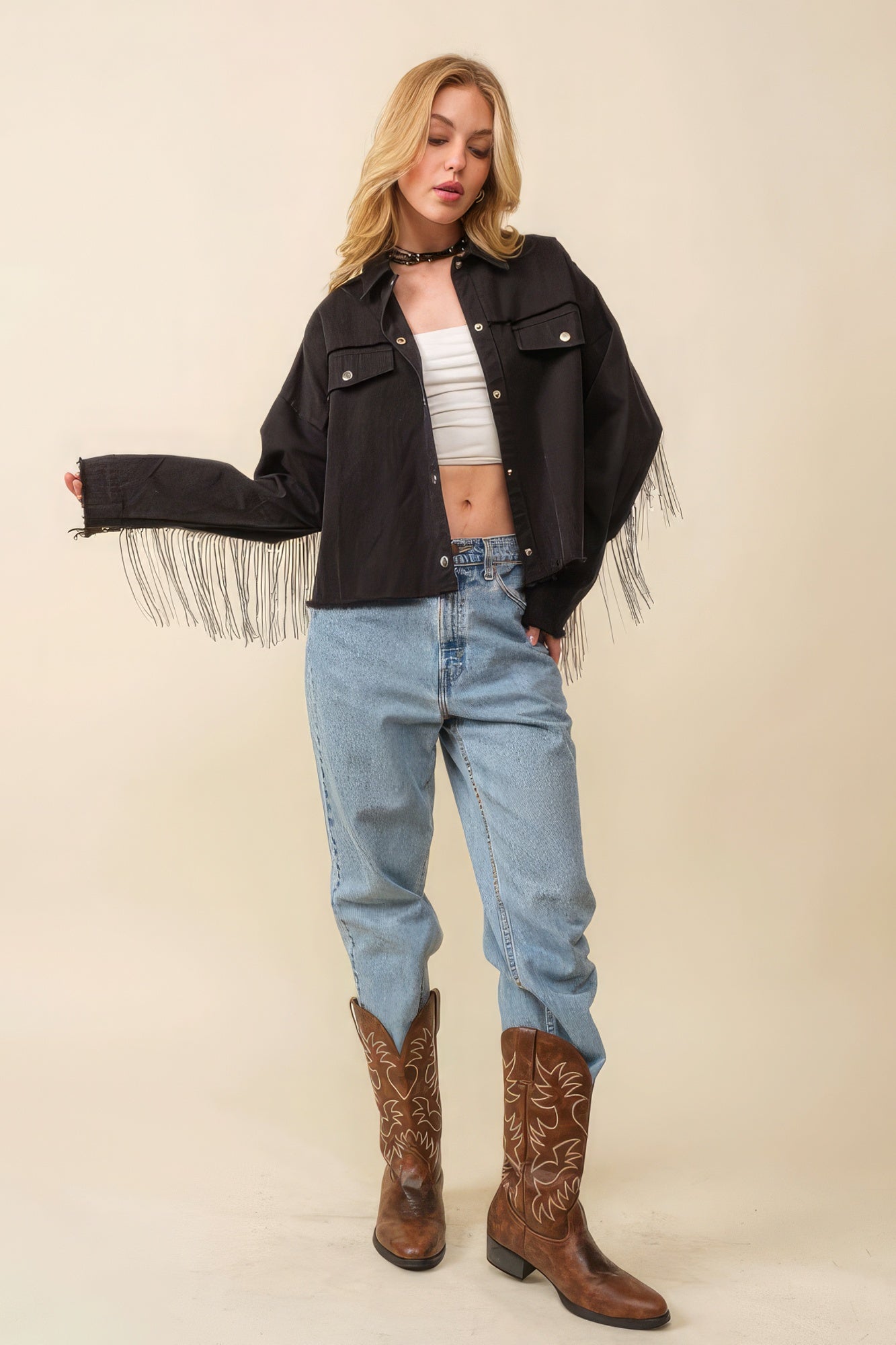 Black Howdy fringe jacket with star patches, button-front and chest pockets