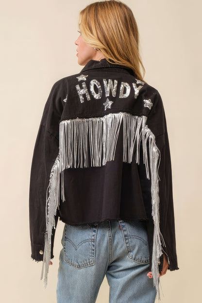 Howdy Sequin Fringe And Star Patches Jacket - Tigbul's Variety Fashion Shop