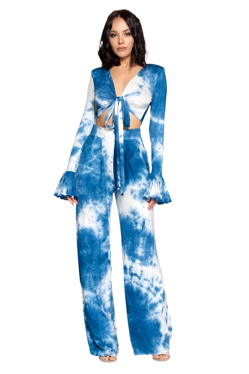 Blue/white tie-dye crop top with front knot and flared cuffs, wide-leg pant set
