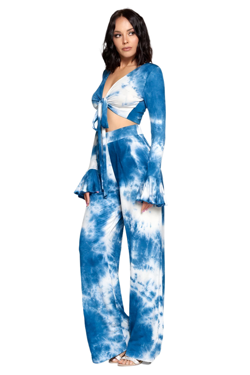 Blue/white tie-dye wrap-style V-neck top with long sleeves, matching wide-leg pants