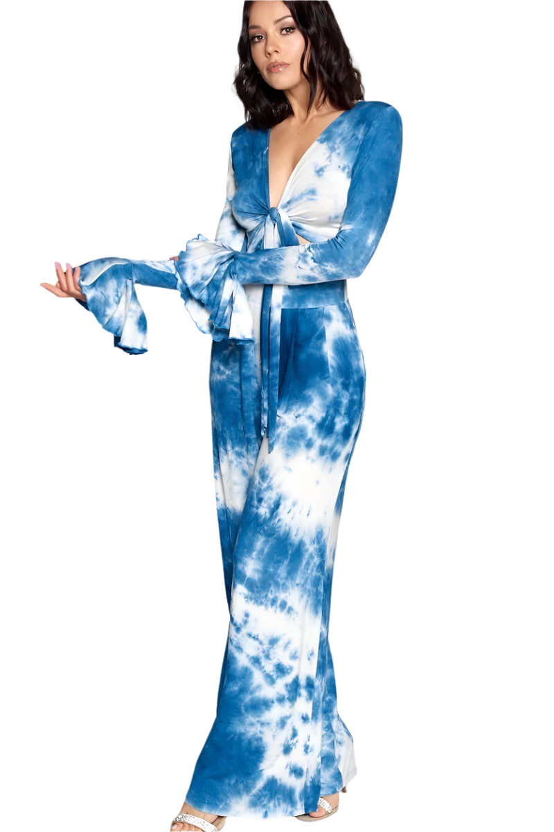 Blue/white tie-dye top with front tie and flared sleeves, wide-leg pants set