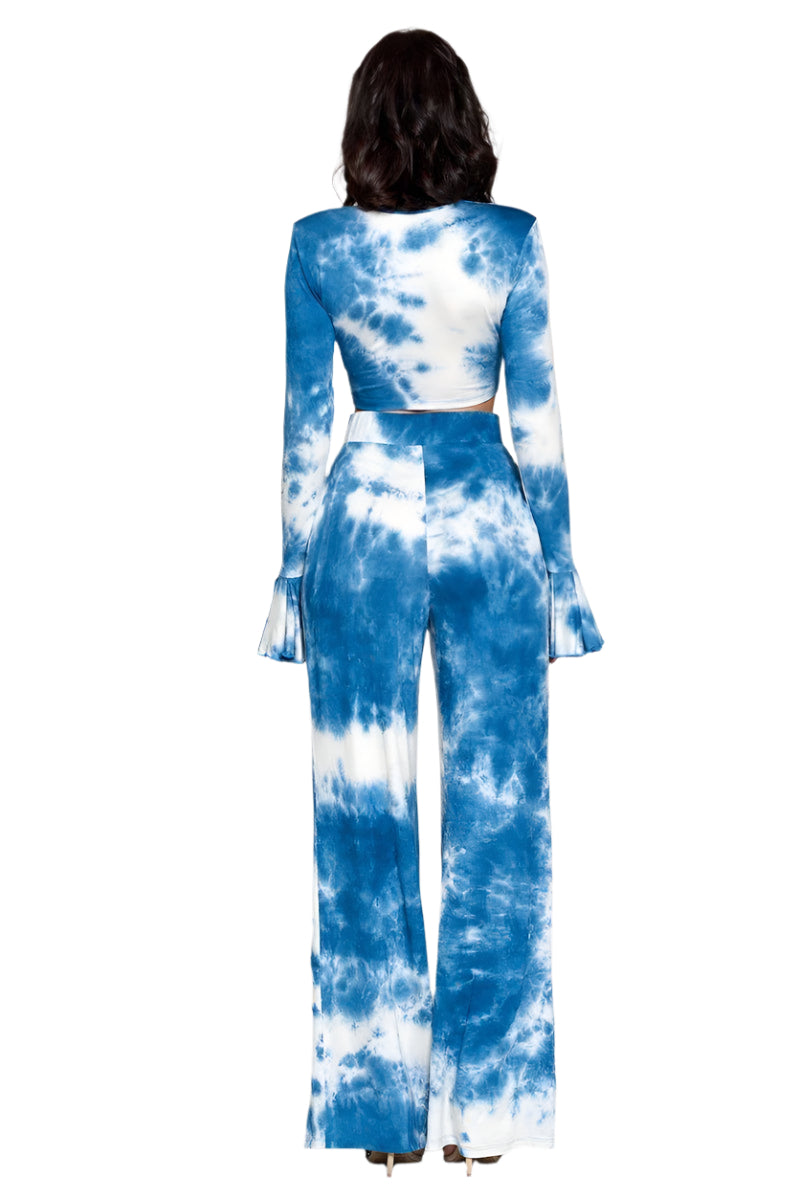 Back view: blue/white tie-dye wide-leg pants with long-sleeve cropped top