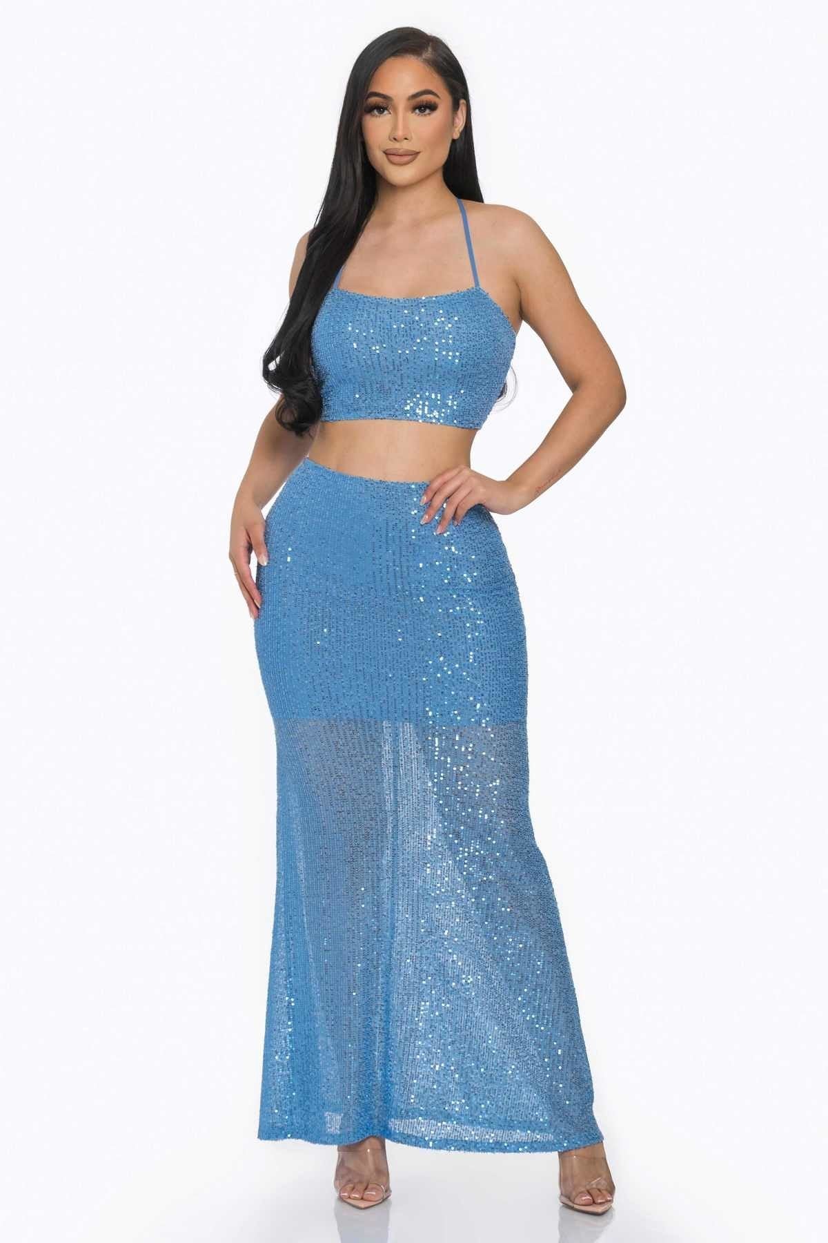 Blue sequin maxi skirt set with spaghetti straps and fitted mermaid-style skirt