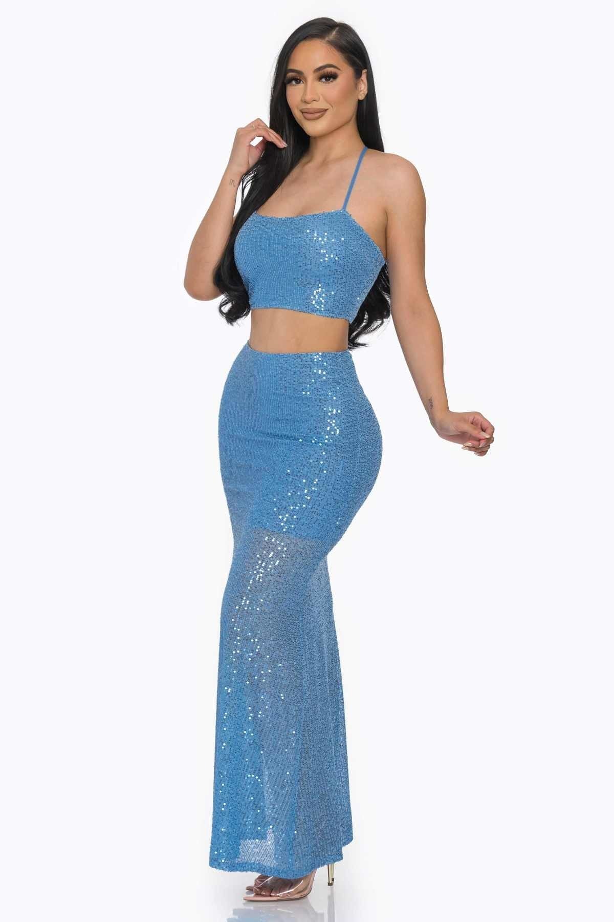 Blue sequin maxi skirt set with spaghetti straps and cropped sweetheart top
