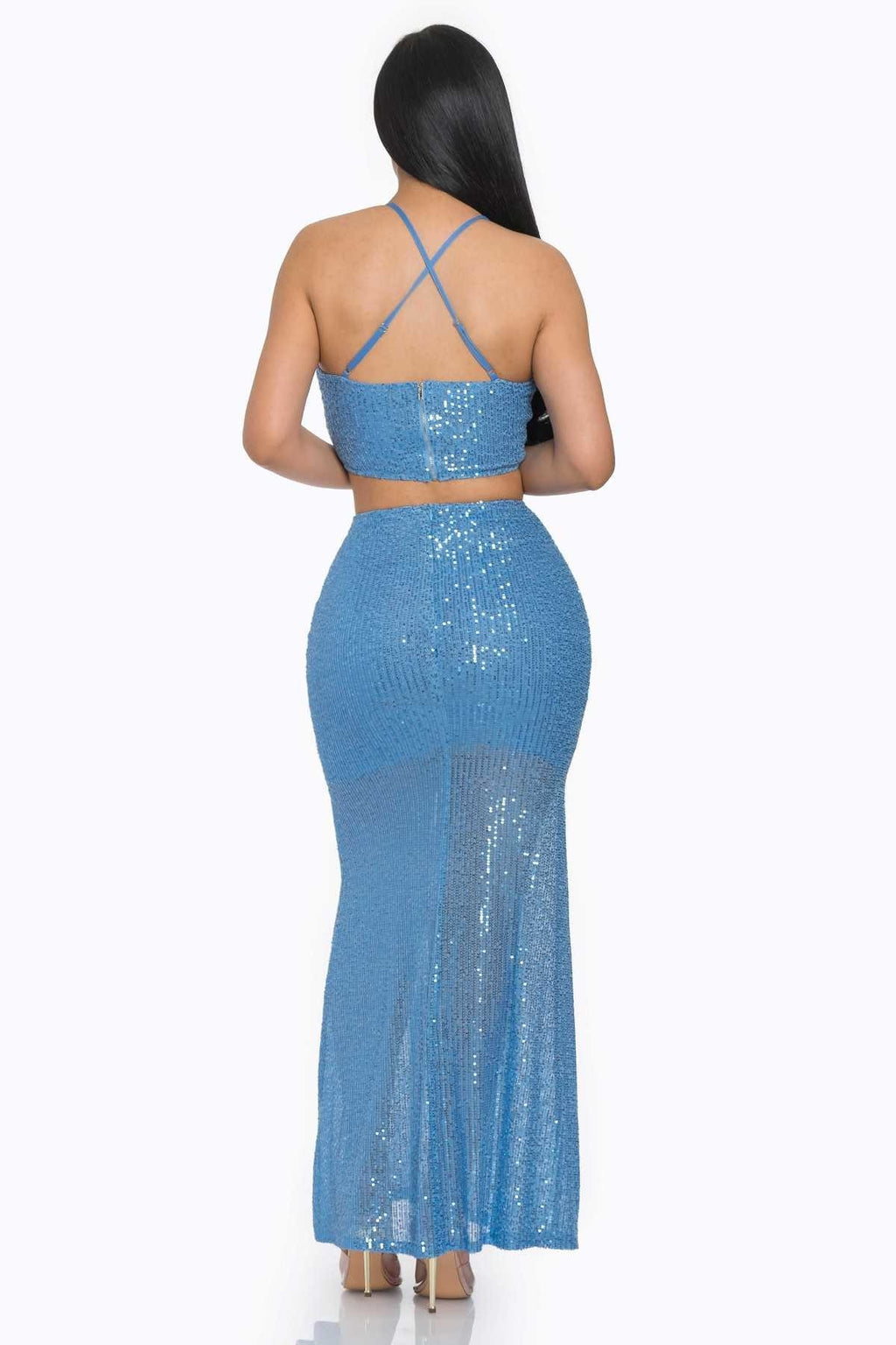 Back view of blue sequin maxi skirt set with crisscross shoulder straps