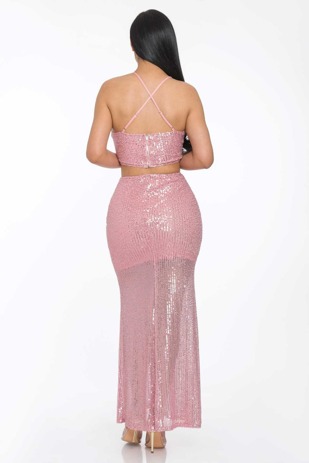 Back view of pink sequin maxi skirt set with crisscross straps