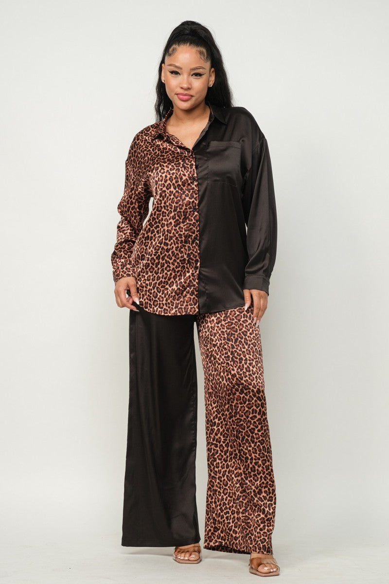 Top & pants set with half leopard-print blouse and solid black wide-leg bottoms