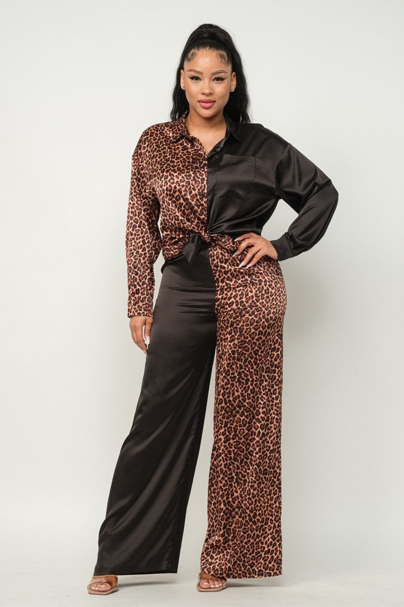 Half leopard-print and solid black top & wide-leg pants set