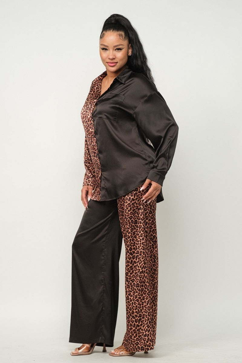 Half leopard-print and solid black top with matching wide-leg pants set