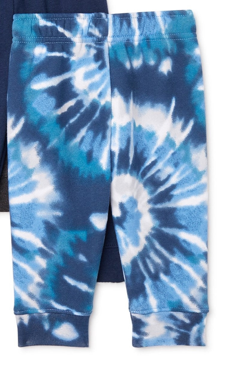 24M baby boy blue tie-dye fleece pants, elastic waistband and ribbed ankle cuffs