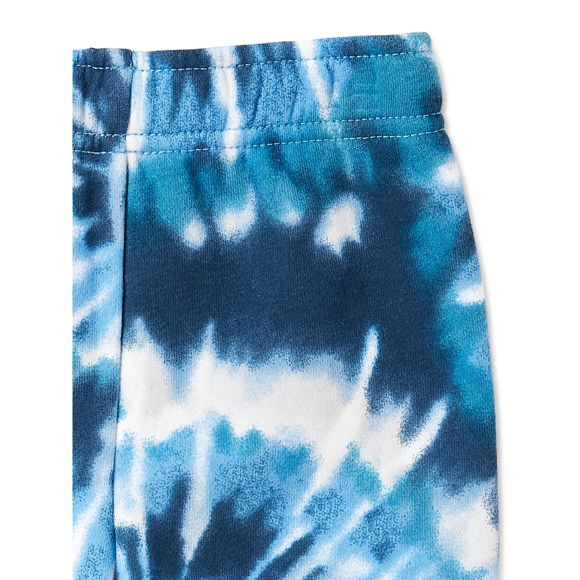 Blue tie-dye fleece pants, elastic waistband with drawstring-style band detail