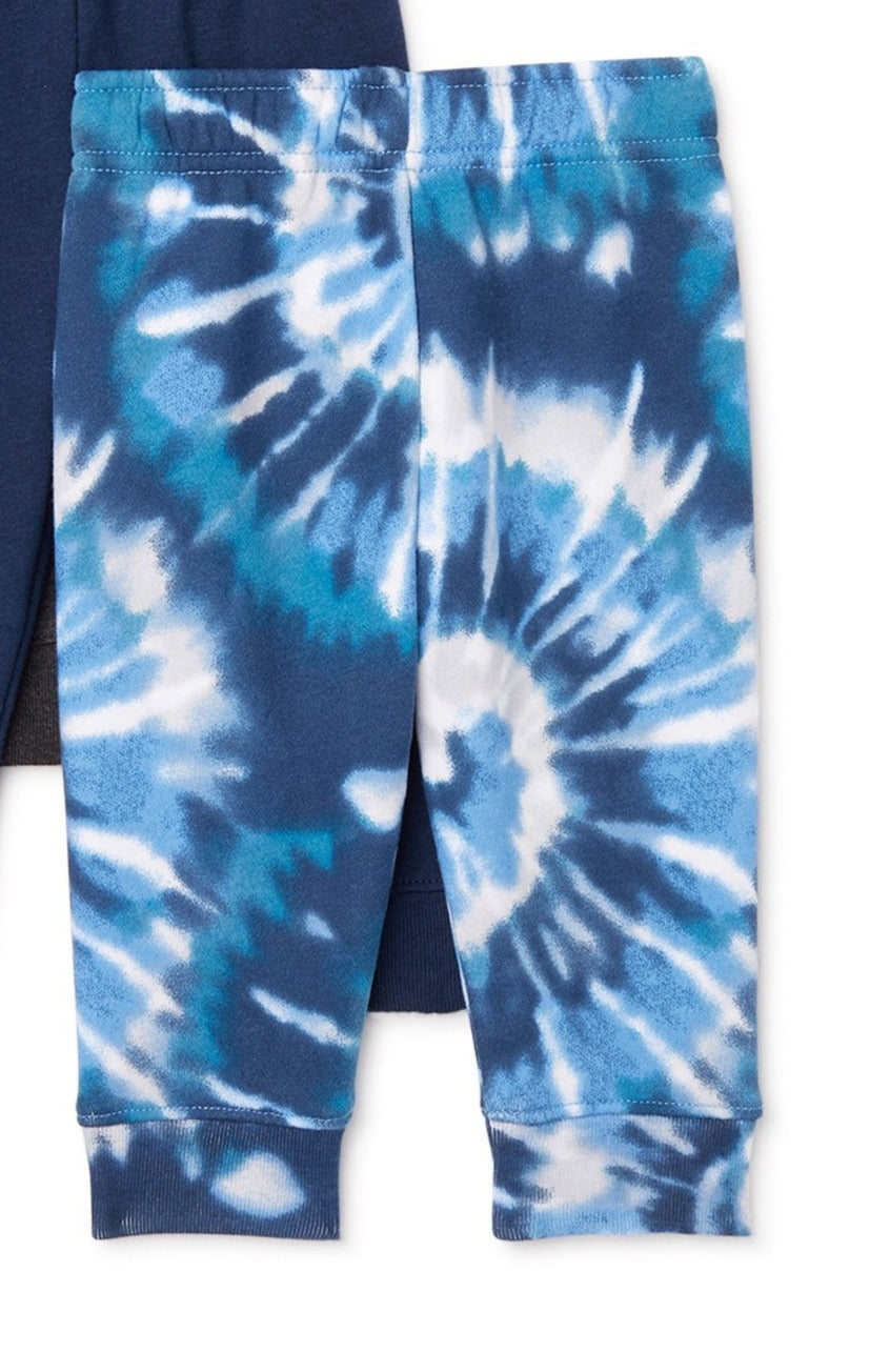 24M blue tie-dye fleece pants, full-length legs with elastic waistband and cuffs