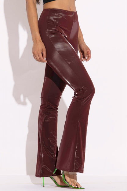 Burgundy Velvet Pu Flared Pants - Tigbul's Variety Fashion Shop