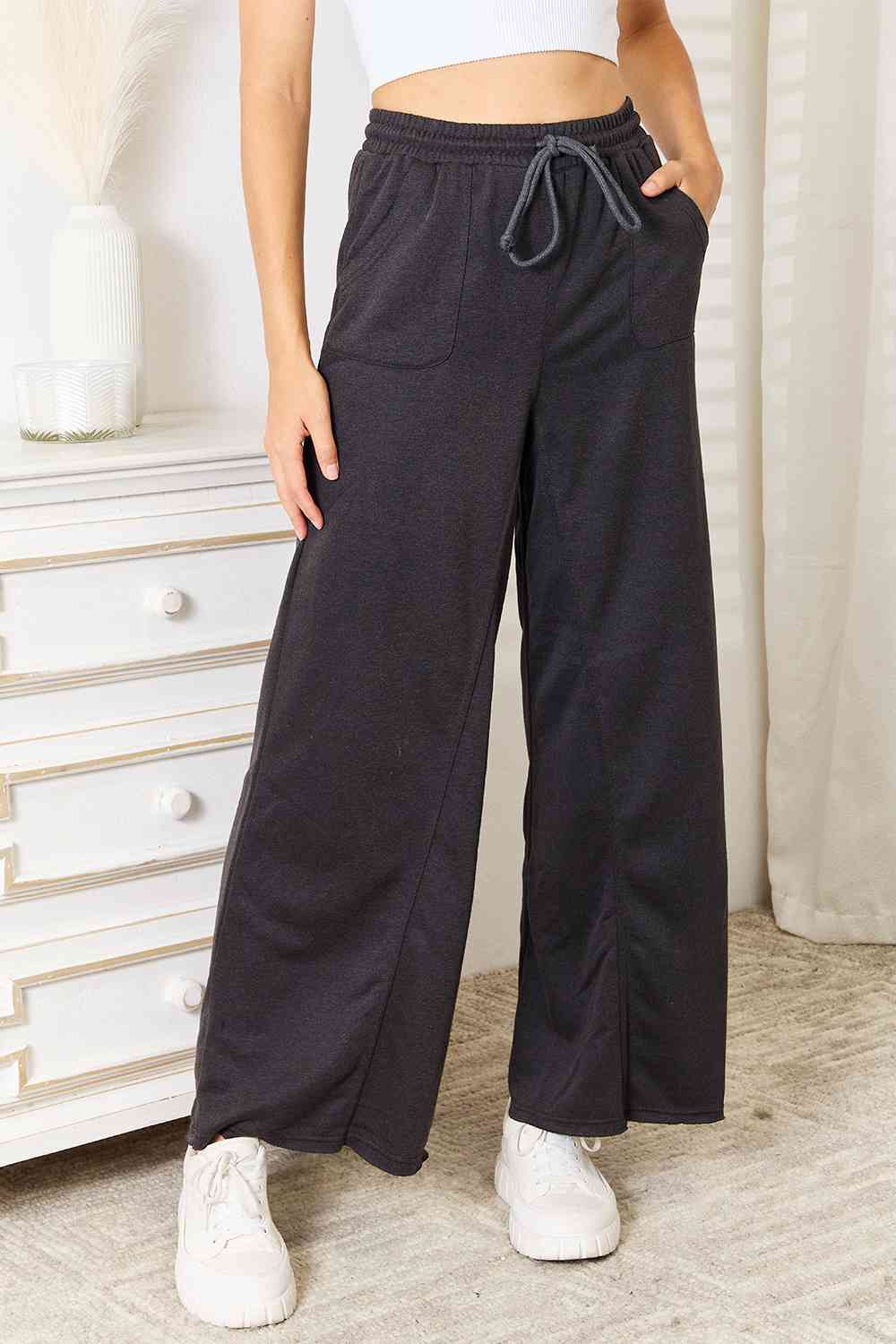 Charcoal Color Wide Leg Pocketed Pants - Tigbul's Variety Fashion Shop
