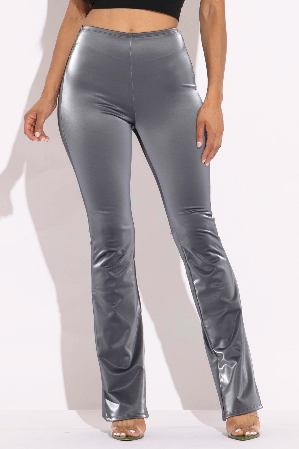 Gray Velvet PU Flared Pants - Tigbul's Variety Fashion Shop