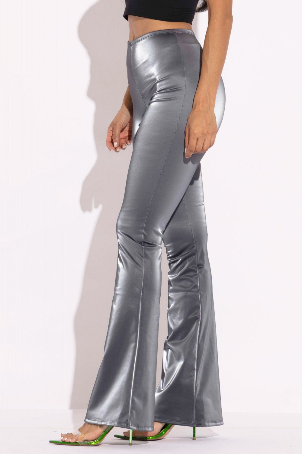 Gray Velvet PU Flared Pants - Tigbul's Variety Fashion Shop