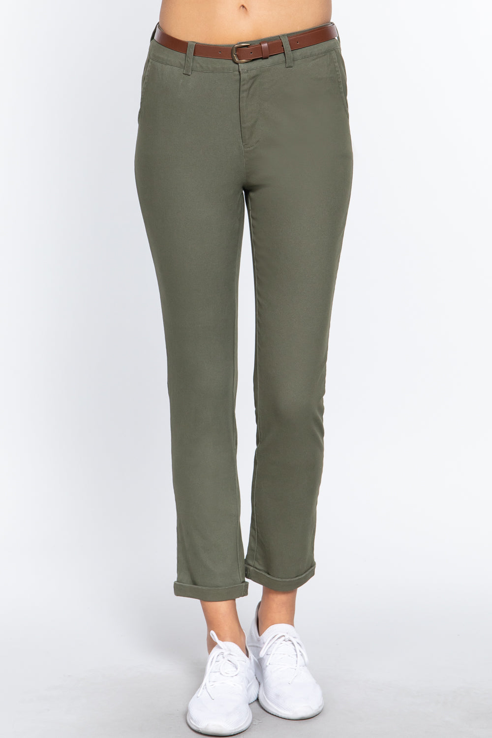 Green Cotton-span Twill Belted Long Pants - Tigbul's Variety Fashion Shop