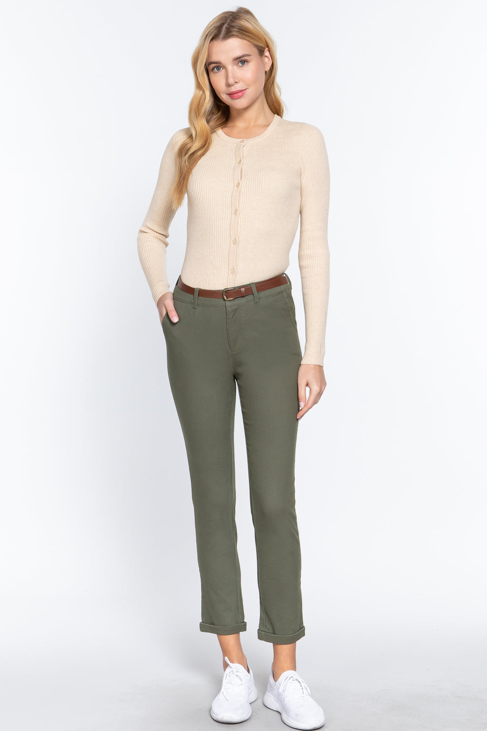 Green Cotton-span Twill Belted Long Pants - Tigbul's Variety Fashion Shop