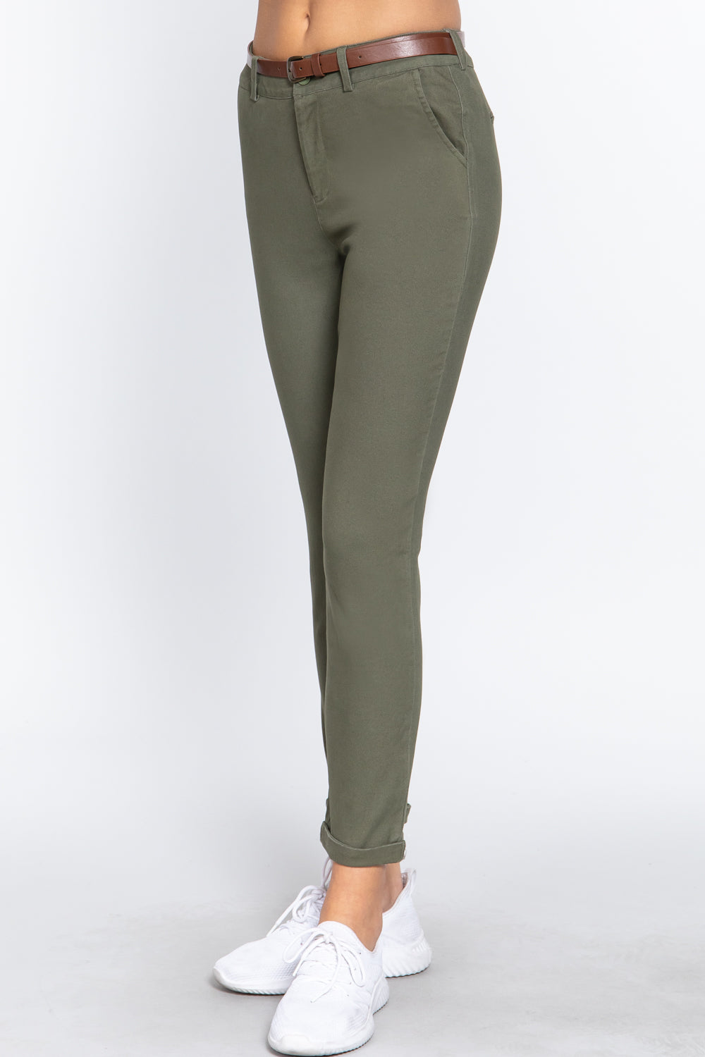 Green Cotton-span Twill Belted Long Pants - Tigbul's Variety Fashion Shop