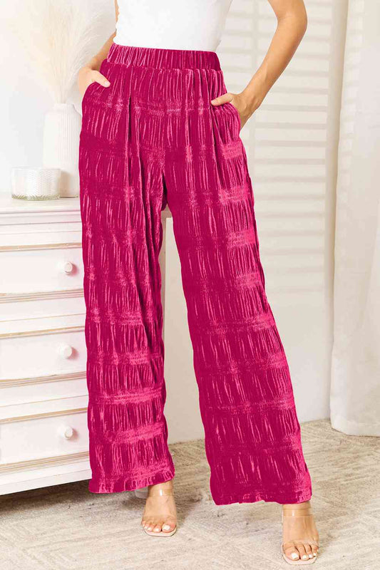 High Waist Tiered Shirring Velvet Wide Leg Pants - Tigbul's Variety Fashion Shop