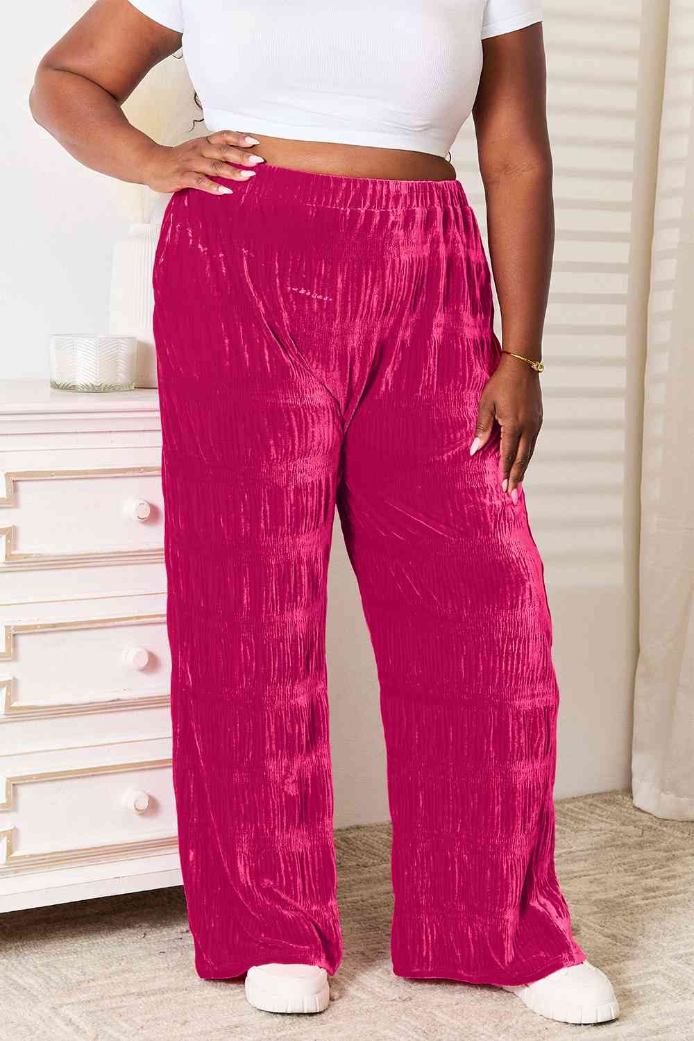 High Waist Tiered Shirring Velvet Wide Leg Pants - Tigbul's Variety Fashion Shop