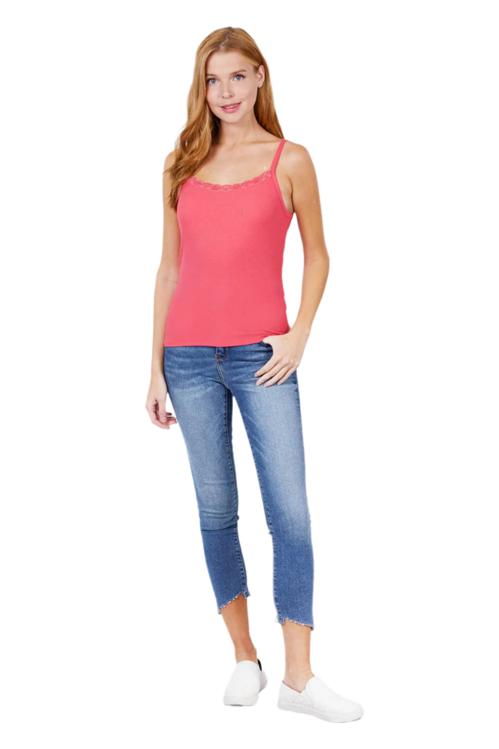 Korallrosa Spitzen-Camisole aus Rippstrick, ärmellos, Größe Medium