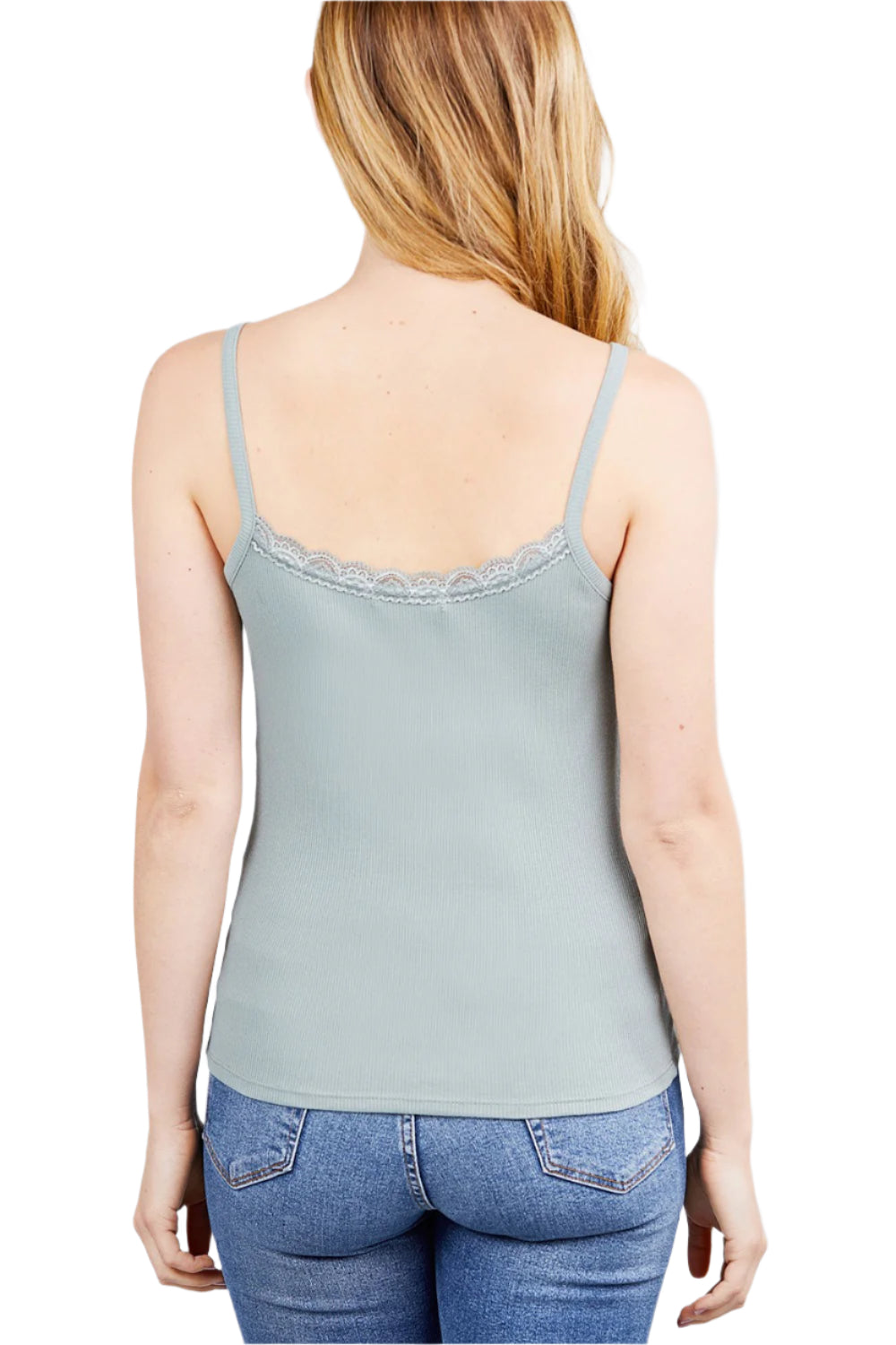 Salbei-grünes Camisole-Top mit Spitzenkante am Rücken und schmalen Trägern, Größe Medium