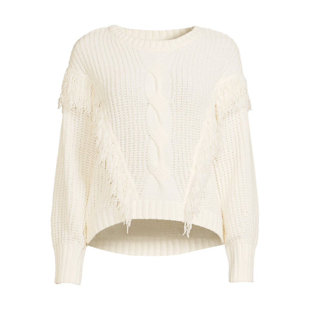 Super Soft Chenille Fringe Sweater, White knit with side fringe details