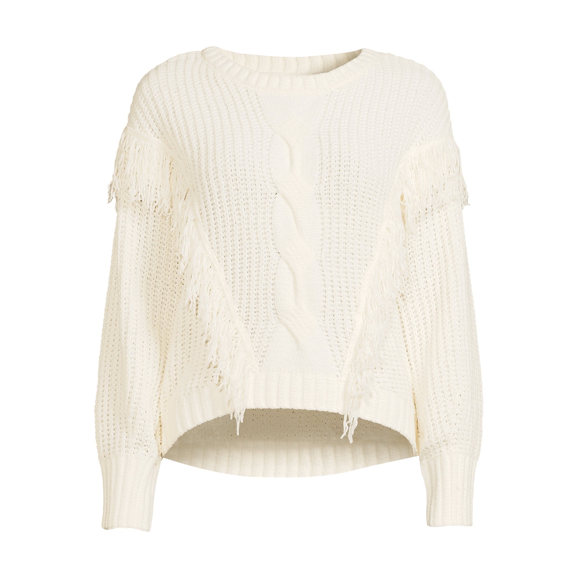Super Soft Chenille Fringe Sweater, White knit with side fringe details