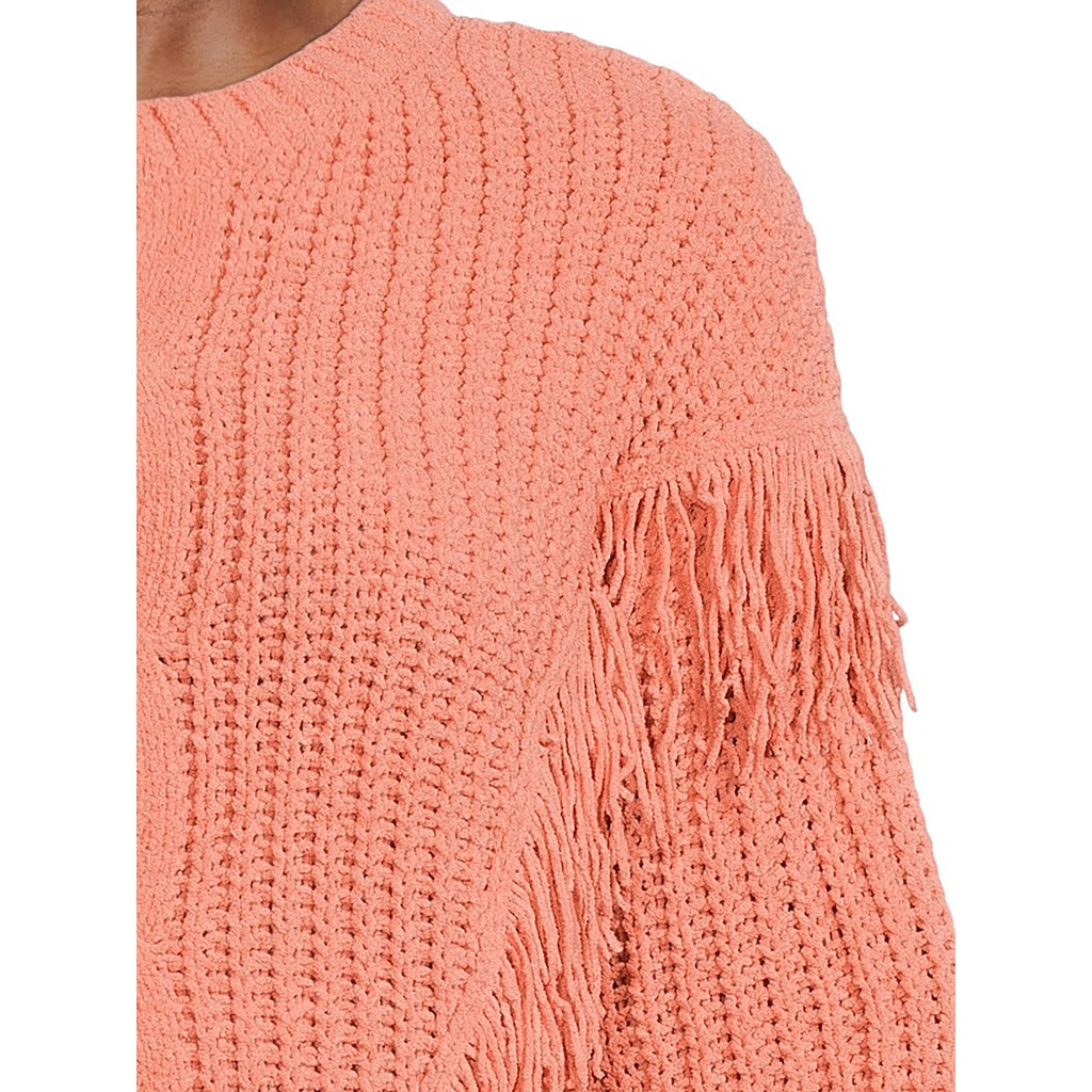 Peach chenille fringe sweater detail: textured knit and fringe on right sleeve