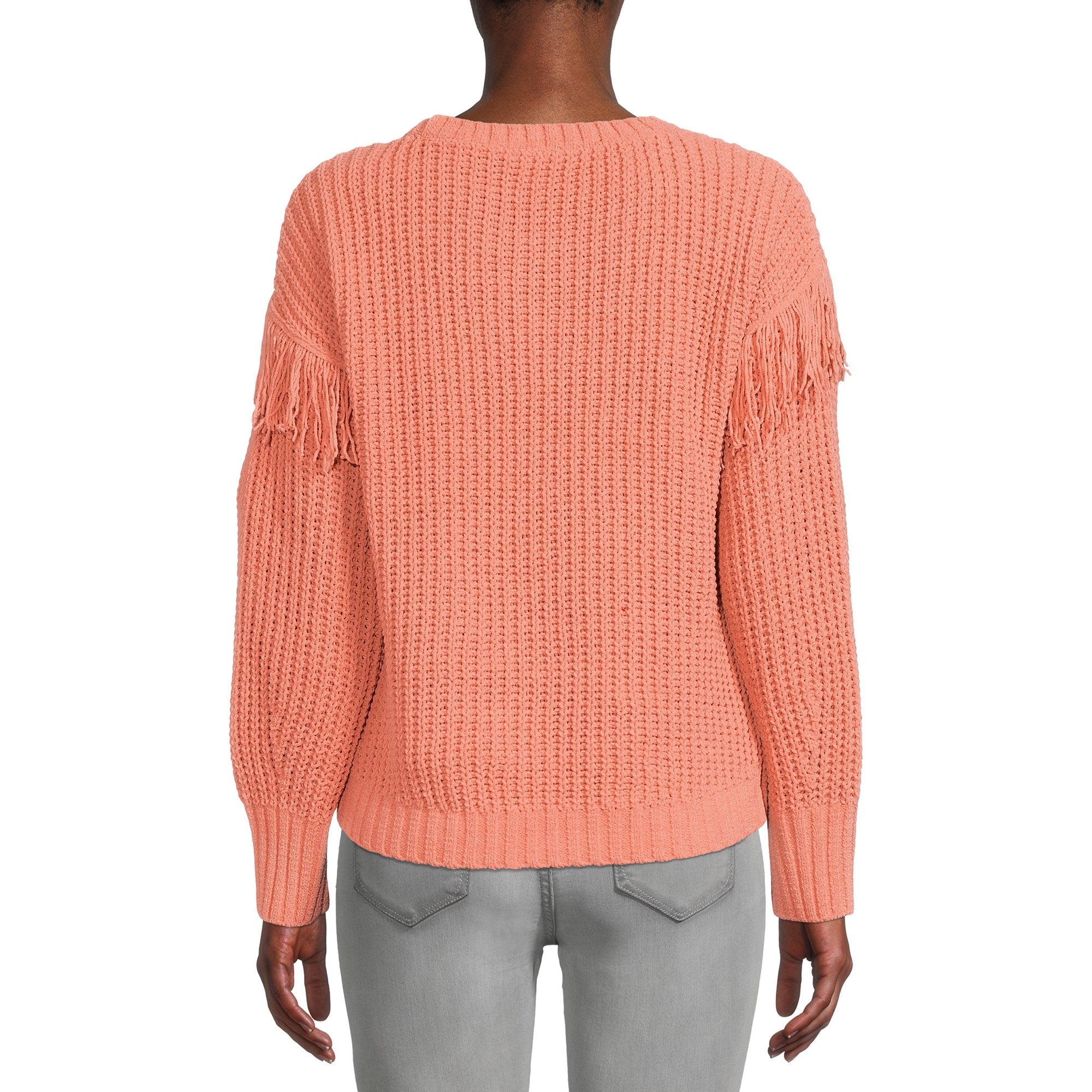 Peach chenille fringe sweater, back view with knit texture and long side tassels