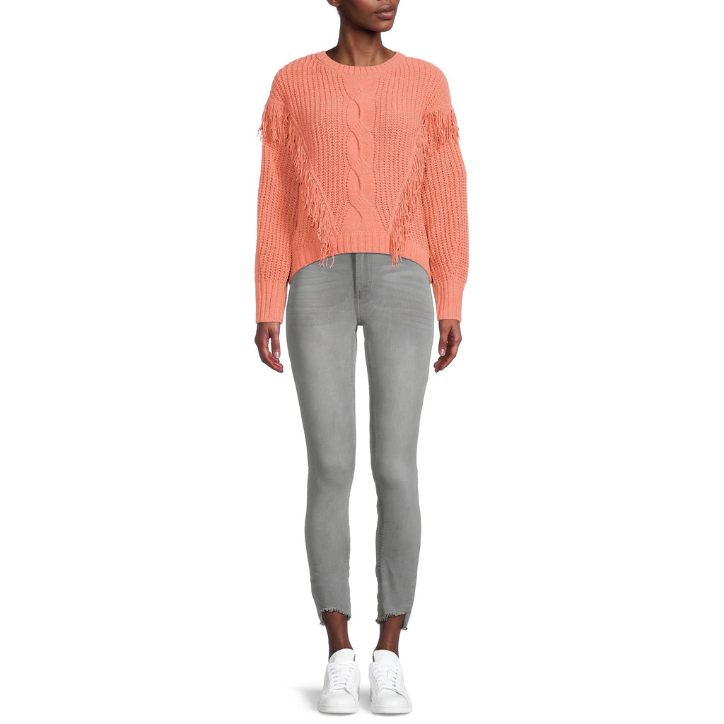 Peach chenille fringe sweater front view with crew neck and tasseled shoulders