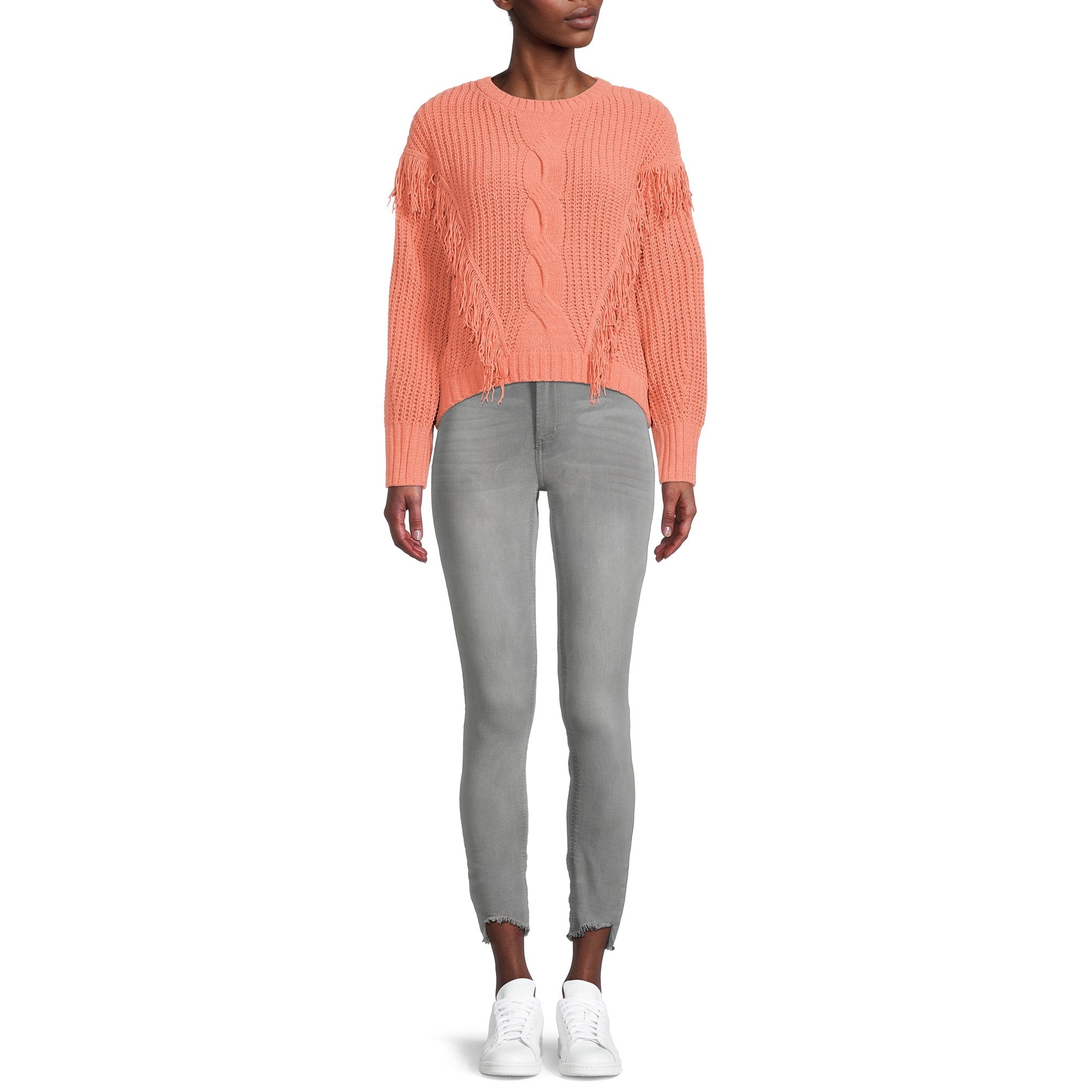 Peach chenille fringe sweater front view with crew neck and tasseled shoulders