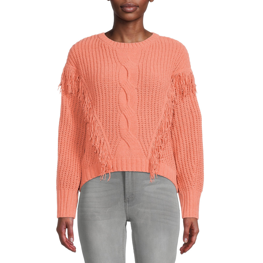 Peach chenille fringe sweater front view with cable-style knit and tassel edges