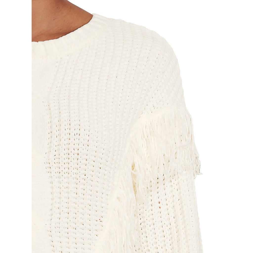 White chenille fringe sweater detail: textured knit with dangling fringe on sleeve