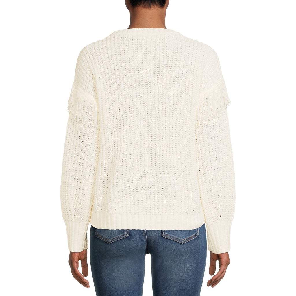 White chenille fringe sweater back view with loose knit texture and side fringe