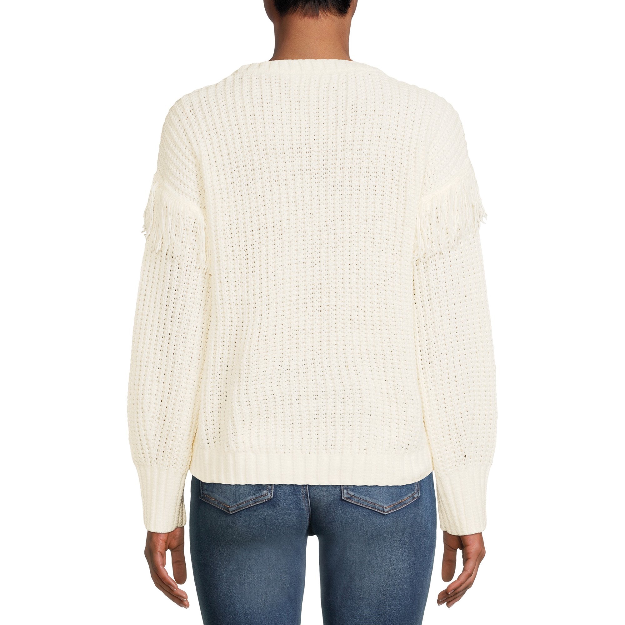 White chenille fringe sweater back view with loose knit texture and side fringe