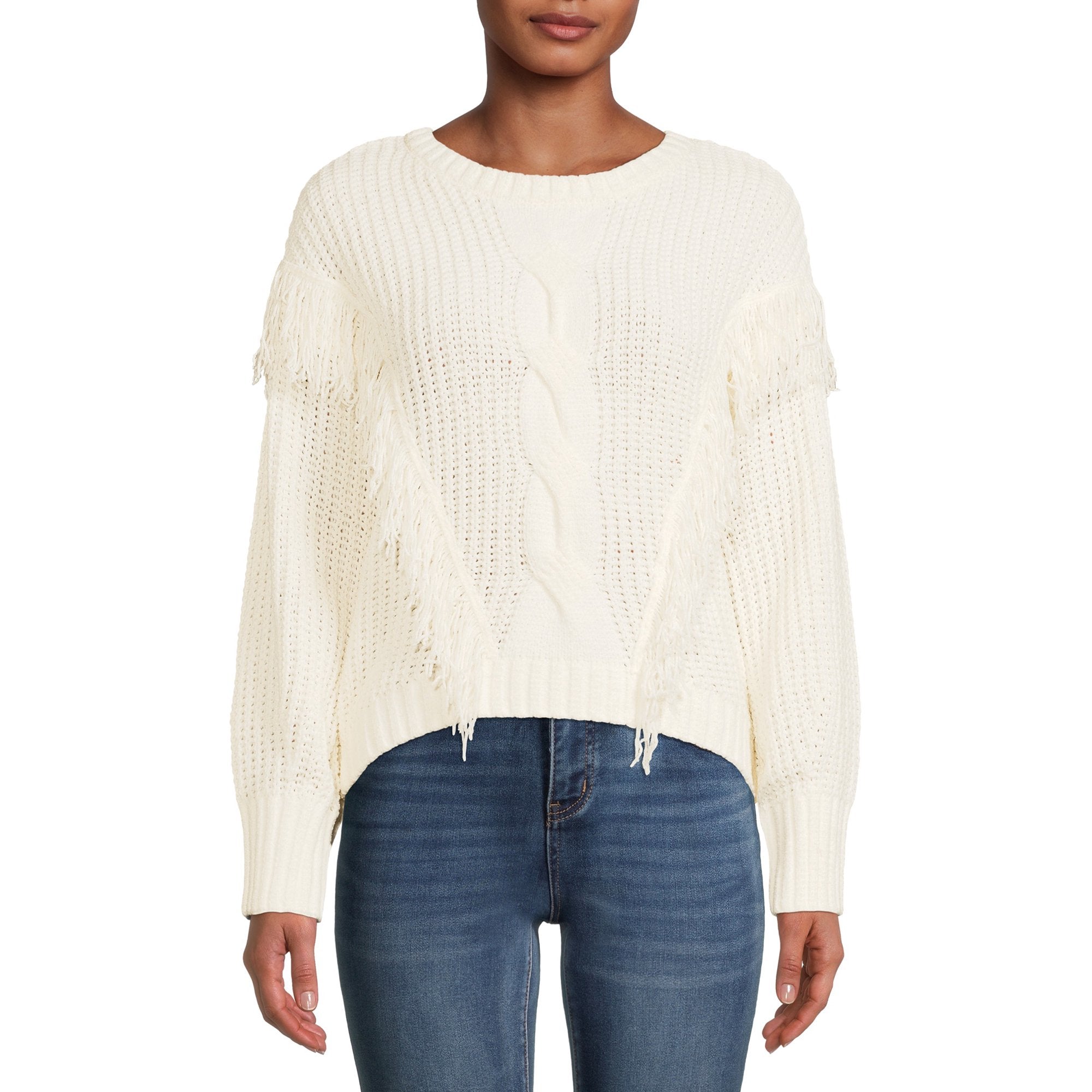 White chenille fringe sweater, crew neck and raglan-style knit paneling