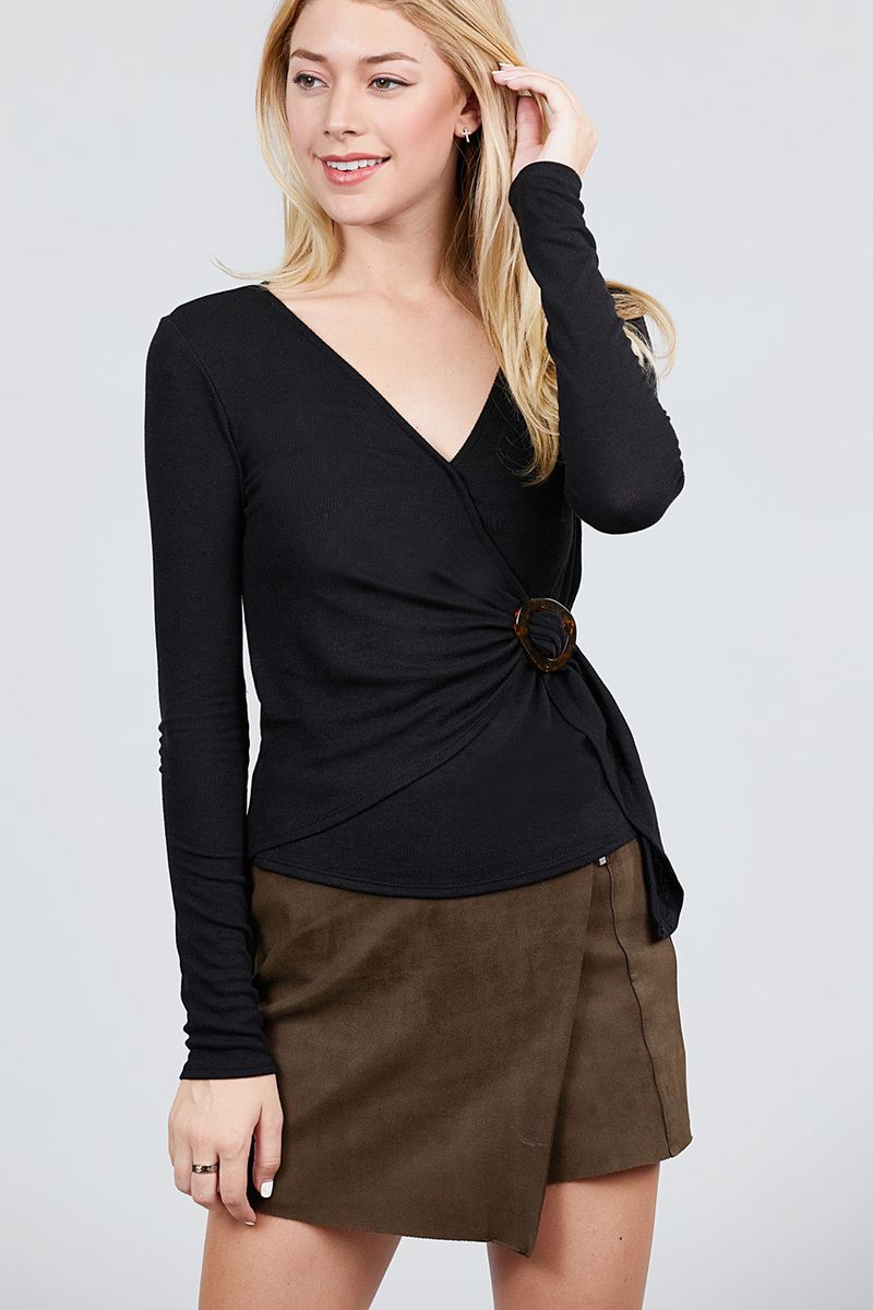 Black V-neck ribbed knit long-sleeve top, wrap front with oval buckle detail