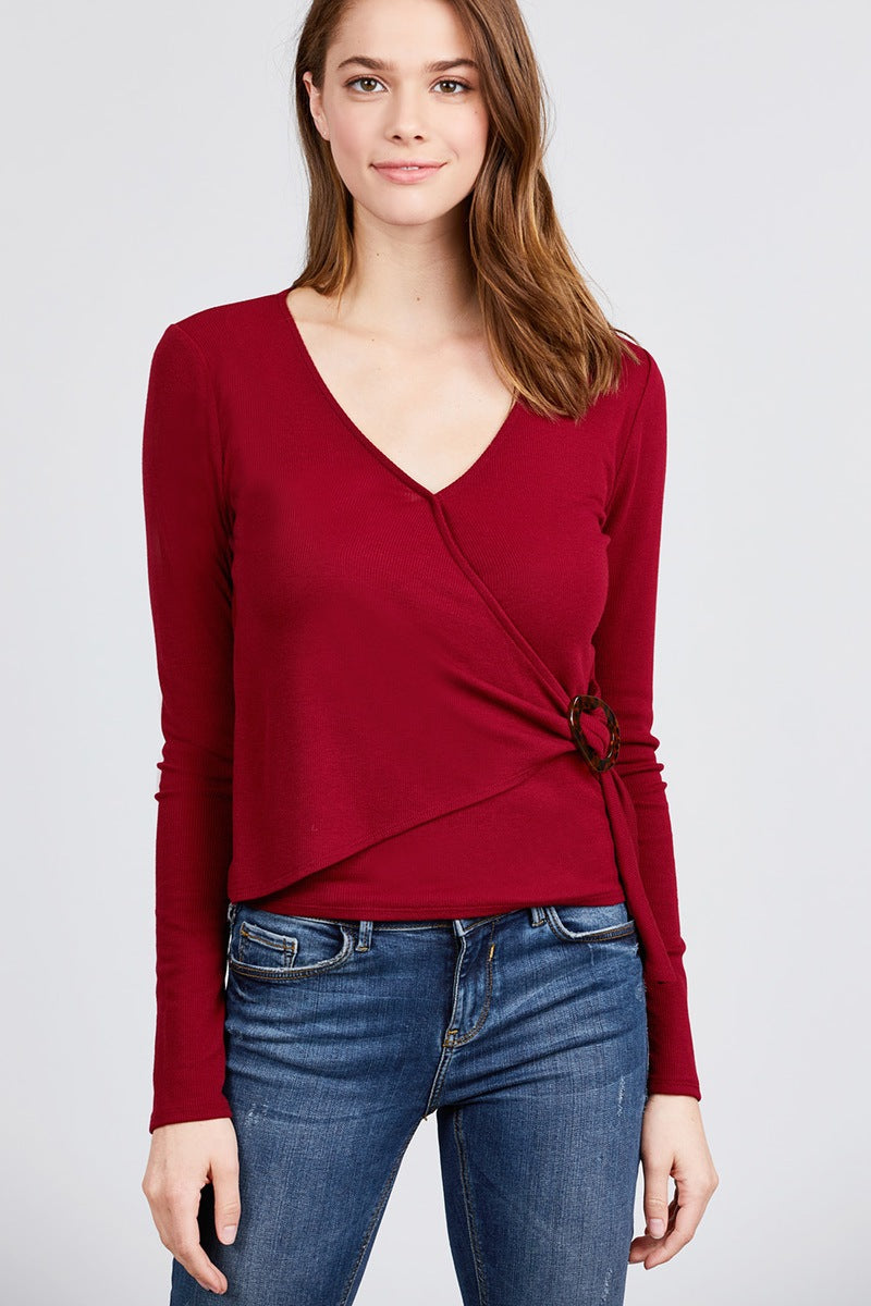 Burgundy rib knit V-neck long-sleeve top with side ring buckle detail