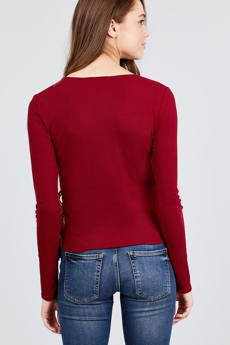 Burgundy rib knit long-sleeve top from back with smooth back and side seam