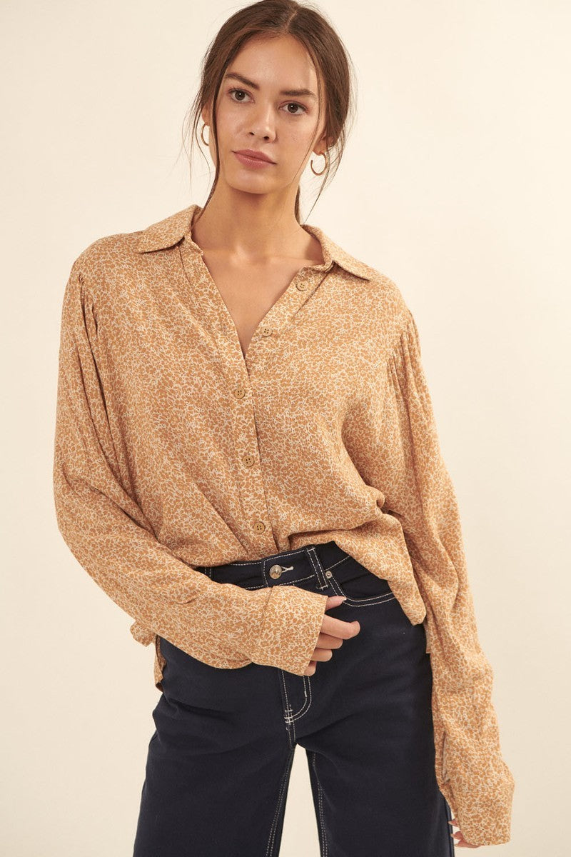Caramel floral print button-front collared shirt with long sleeves