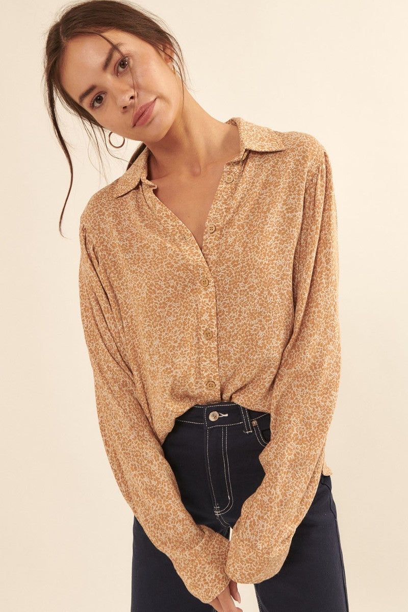 Caramel floral button-front collared shirt, long sleeves, relaxed fit