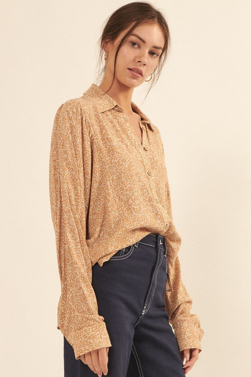 Caramel floral collared shirt with button placket and long cuffed sleeves