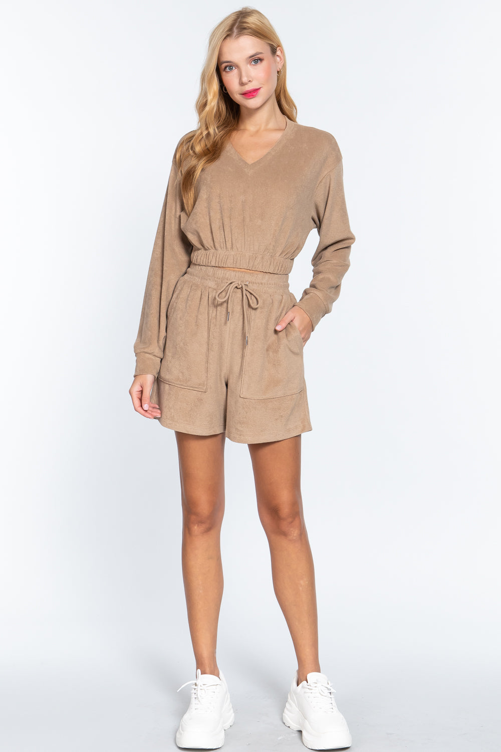Mocha terry toweling top front view, V-neck and elastic waist hem, long sleeves