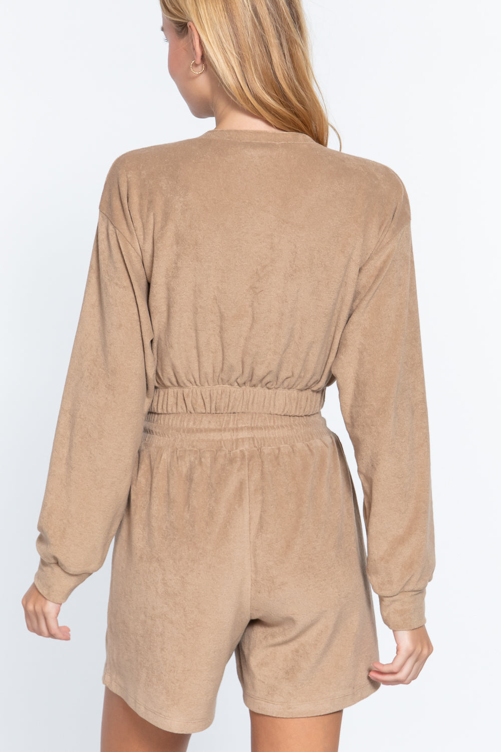 Mocha terry toweling top back view, gathered elastic waist hem and long sleeves