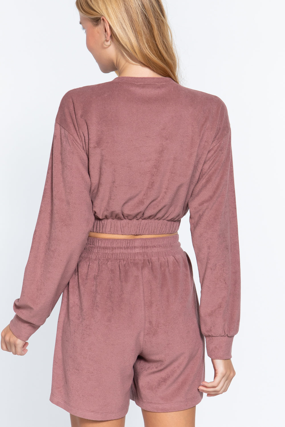 Back view: Vintage Pink terry toweling top with elastic hem, long sleeves, gathered waist
