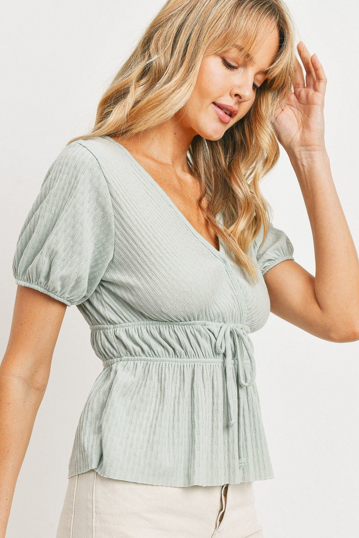 Mint front waist tie peplum top, V-neck and gathered waist with ties